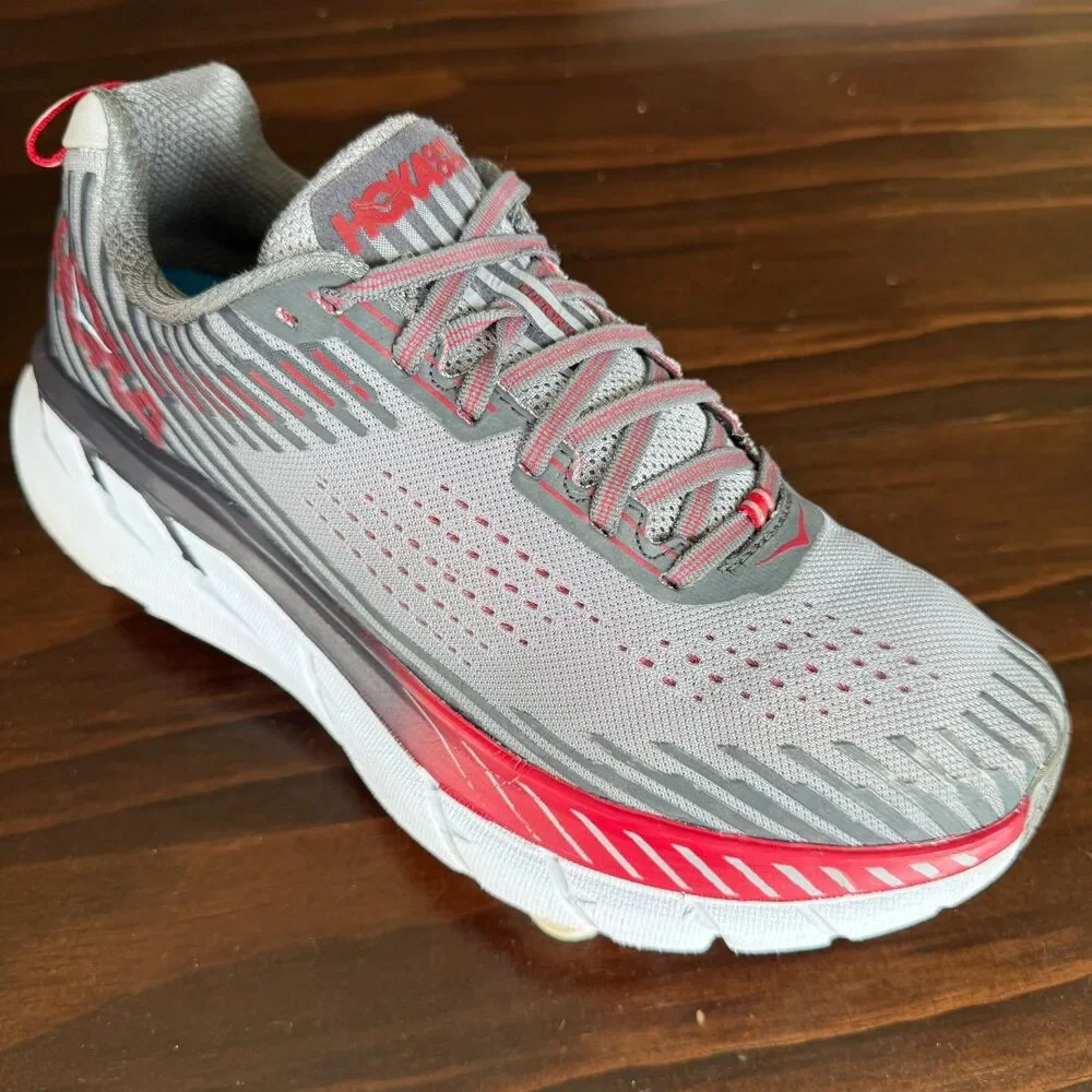 Hoka One One Clifton 5 Road Running Shoe Size 9.5 EE Gray Red Men's Sneaker - Picture 7 of 12